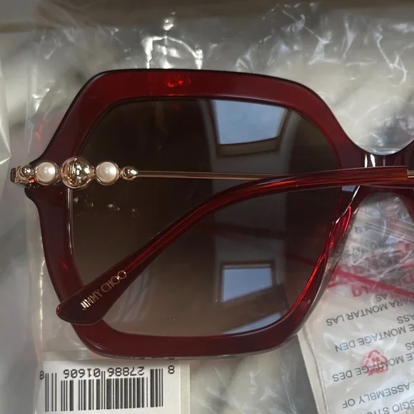 JIMMY CHOO BURGUNDY RED SQUARE SUNGLASSES WITH PEARLS display picture 1
